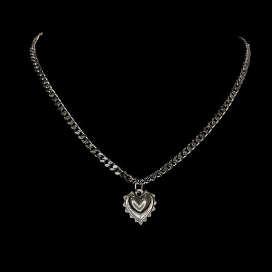 Heart Deco Cuban Link Chain Silver