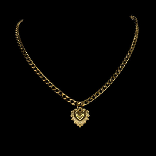 Heart Deco Cuban Link Chain Gold